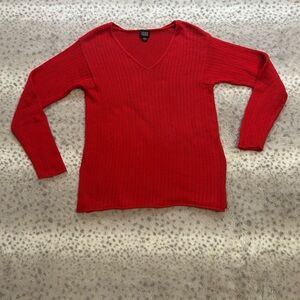 Eileen Fisher Red V-Neck Sweater with Ribbed Cuffs